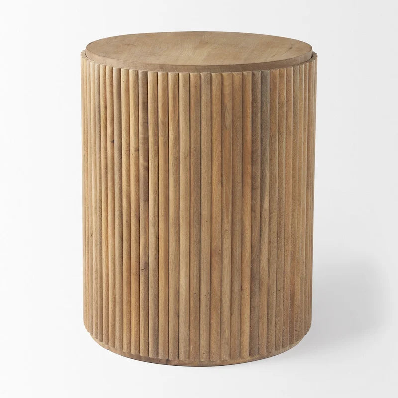 Dark Brown Solid Wood Fluted Round Side Table