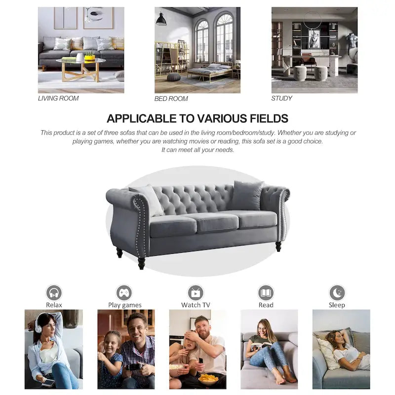 Classic Button-Tufted 3-Seater Sofa for Living Room