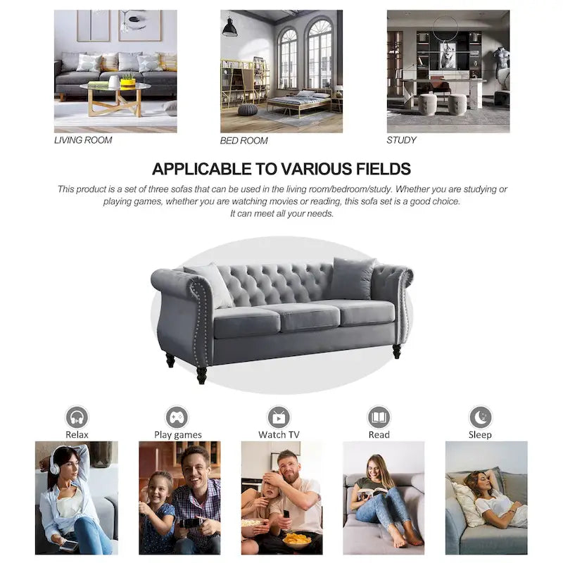 Classic Button-Tufted 3-Seater Sofa for Living Room