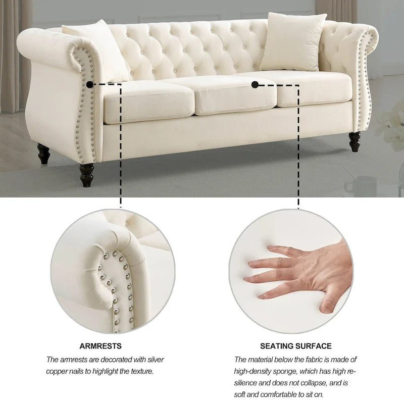 Classic Button-Tufted 3-Seater Sofa for Living Room