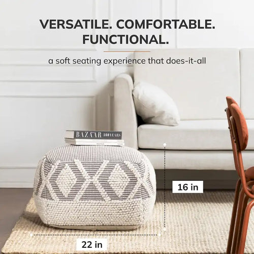22 x 22 x 16 Gray & Ivory Square Pouf Ottoman - Handmade Footrest for Living Room, Bedroom, Nursery & Kids Room
