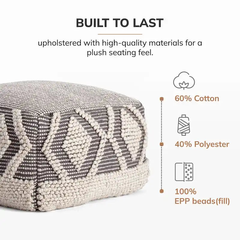 Jani Chippewa 22 x 22 x 16 Gray & Ivory Square Pouf Ottoman - Handmade Footrest for Living Room, Bedroom, Nursery, Kidsroom
